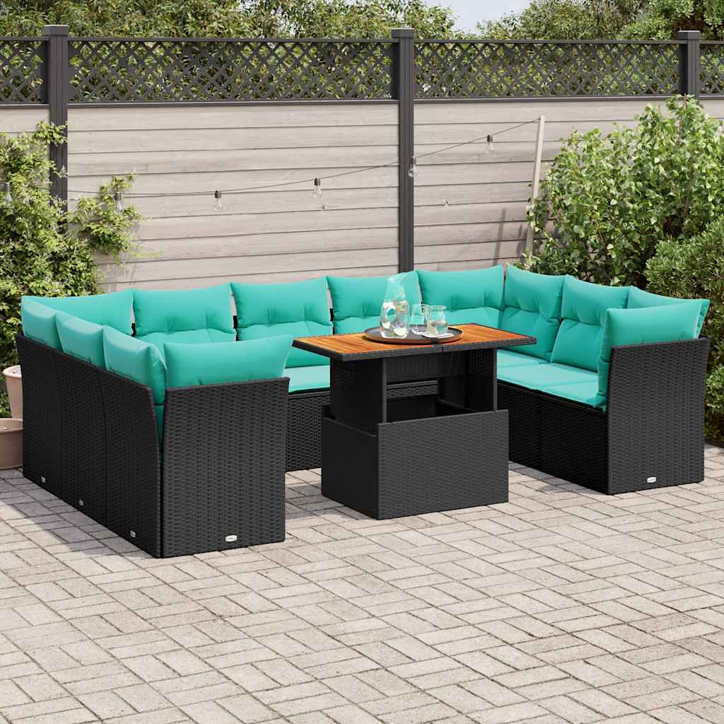10-delige Loungeset met kussens poly rattan zwart – afbeelding 1