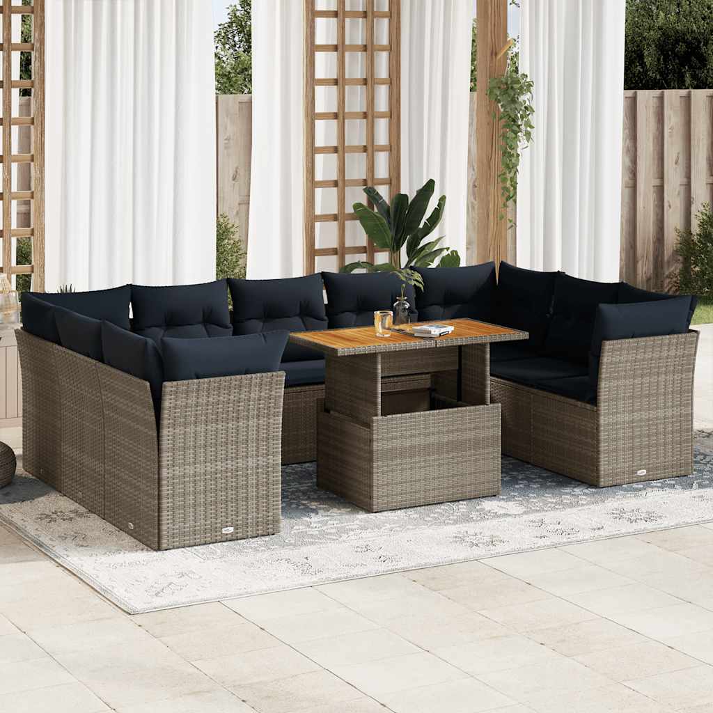 10-delige Loungeset met kussens poly rattan grijs – afbeelding 1