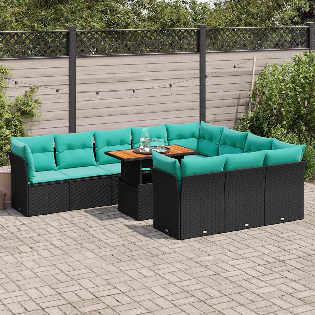 11-delige Loungeset met kussens poly rattan zwart – afbeelding 1