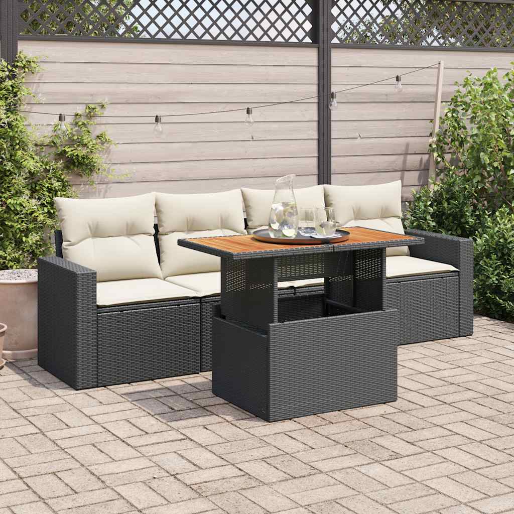5-delige Loungeset met kussens poly rattan zwart – afbeelding 1