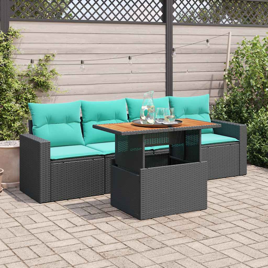 5-delige Loungeset met kussens poly rattan zwart – afbeelding 1