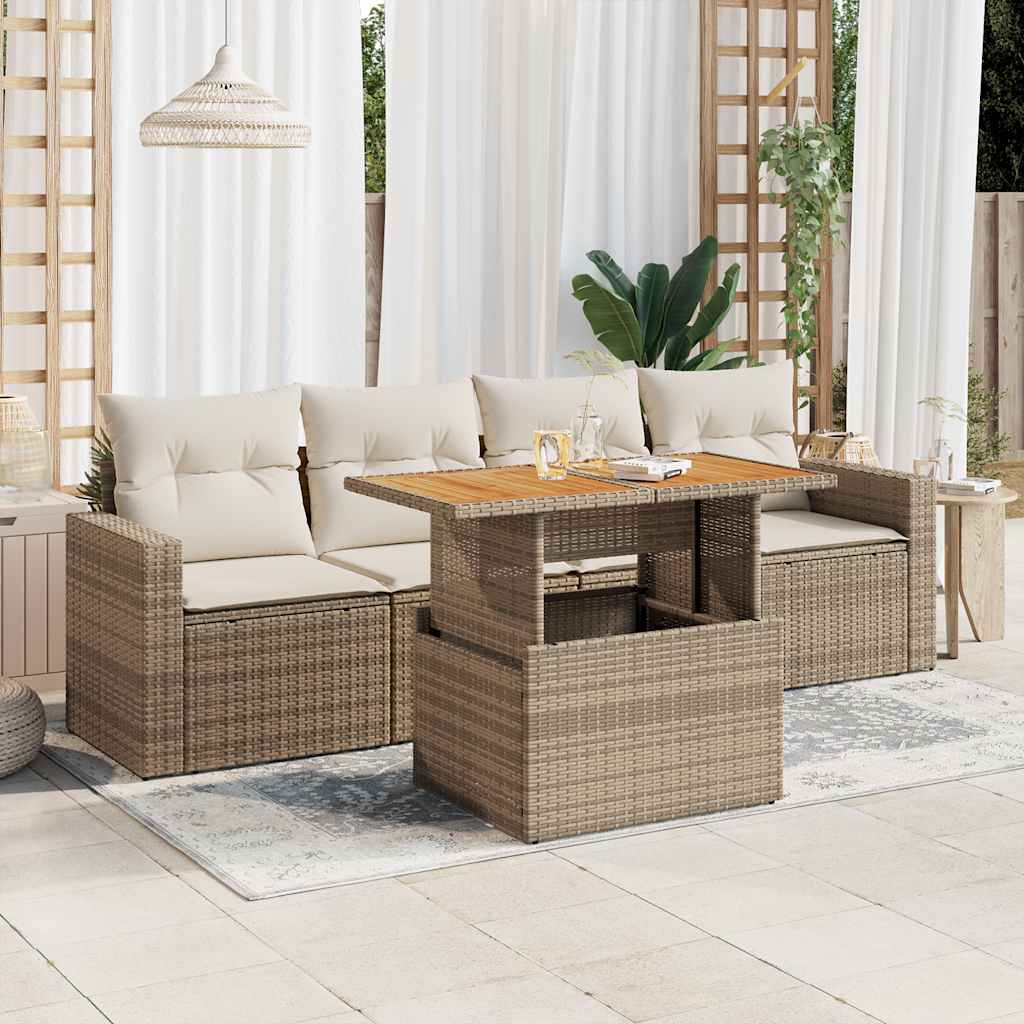 5-delige Loungeset met kussens poly rattan beige – afbeelding 1