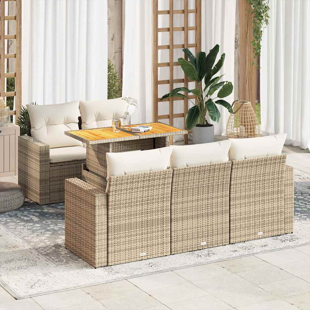 6-delige Loungeset met kussens poly rattan beige – afbeelding 1