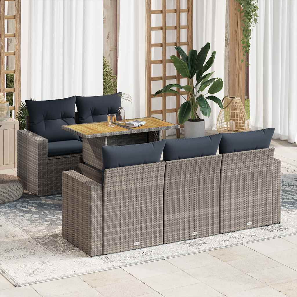 6-delige Loungeset met kussens poly rattan grijs – afbeelding 1