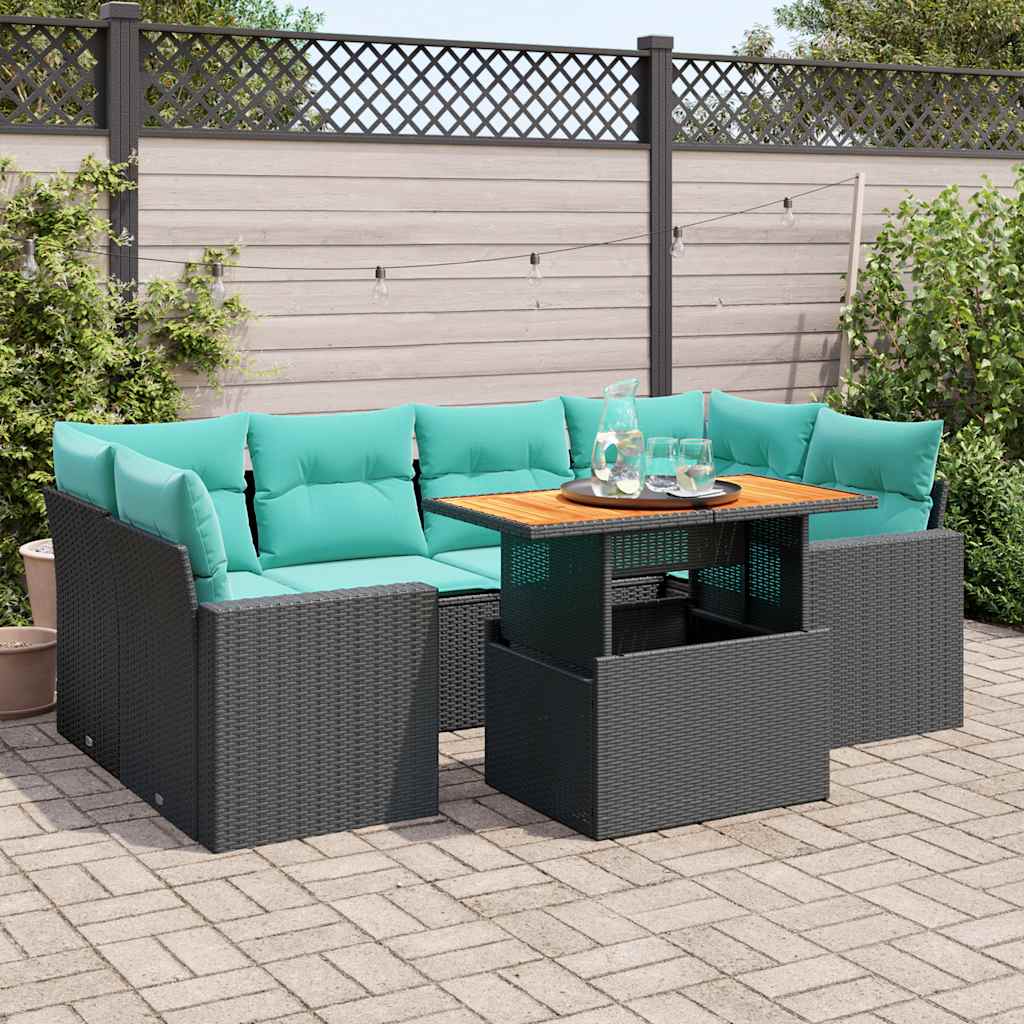 7-delige Loungeset met kussens poly rattan zwart – afbeelding 1