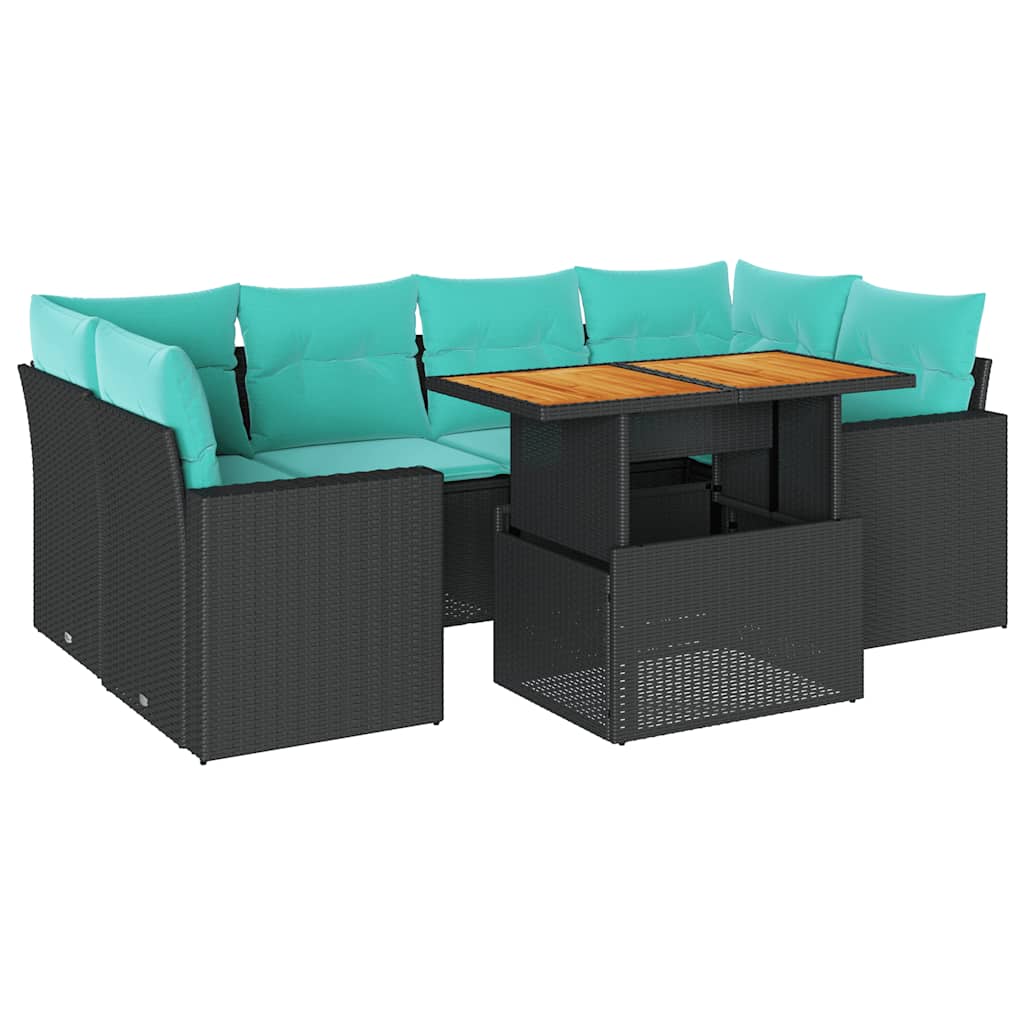 7-delige Loungeset met kussens poly rattan zwart – afbeelding 2