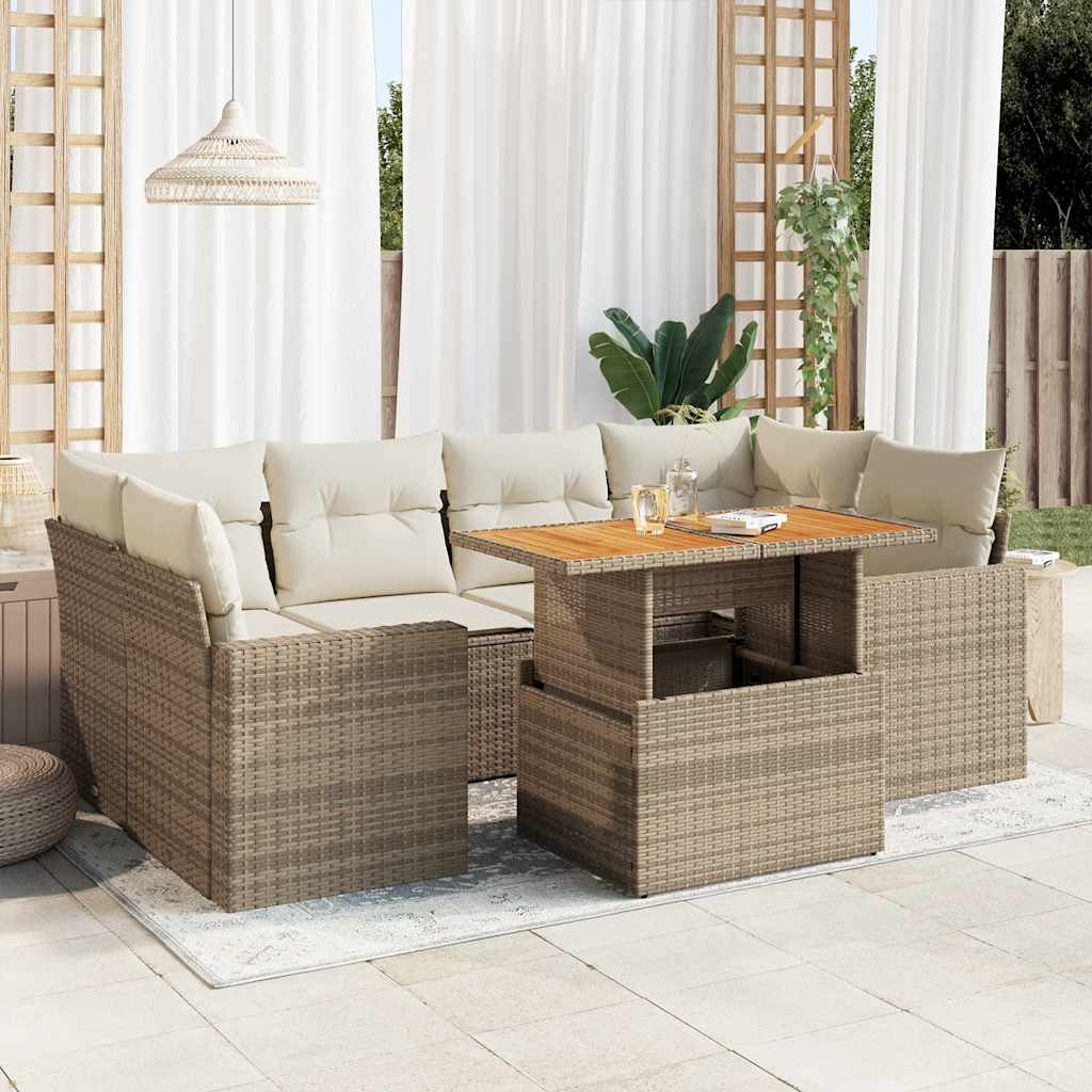7-delige Loungeset met kussens poly rattan beige – afbeelding 1