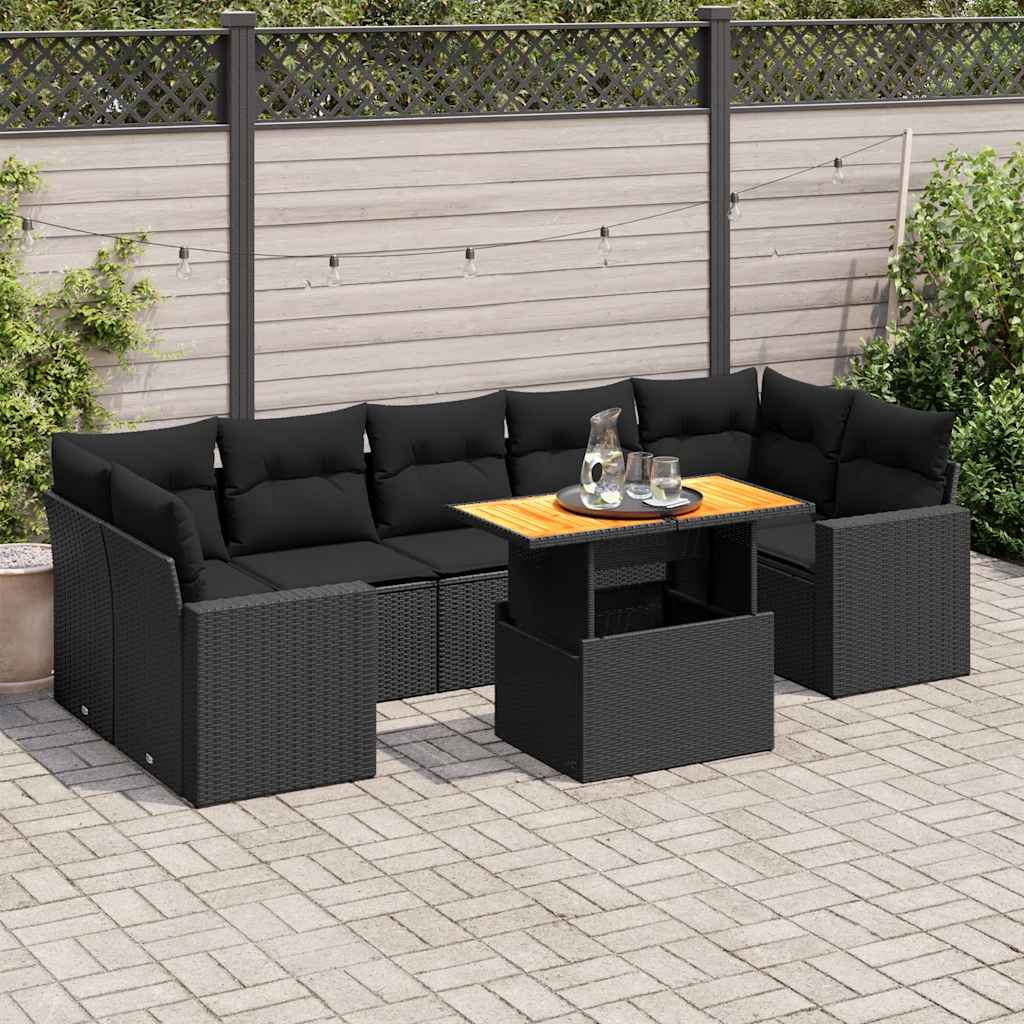 8-delige Loungeset met kussens poly rattan zwart – afbeelding 1