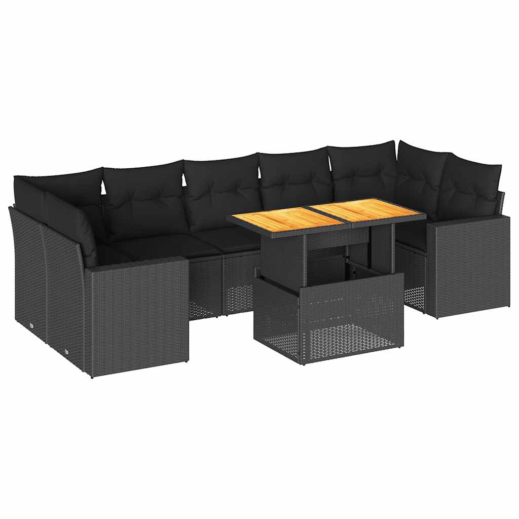 8-delige Loungeset met kussens poly rattan zwart – afbeelding 2