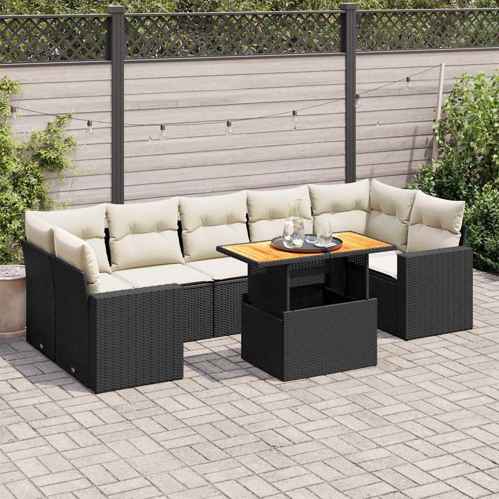 8-delige Loungeset met kussens poly rattan zwart – afbeelding 1