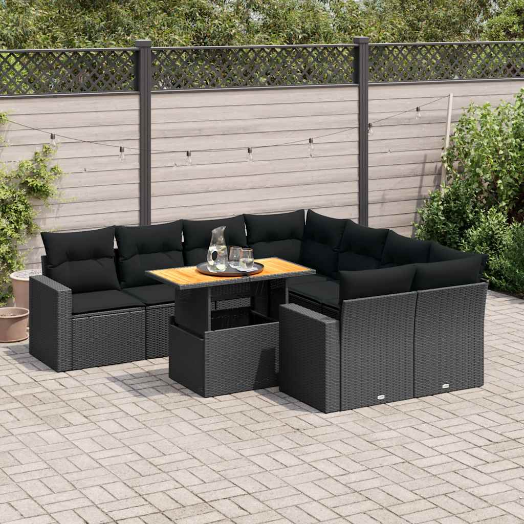 9-delige Loungeset met kussens poly rattan zwart – afbeelding 1