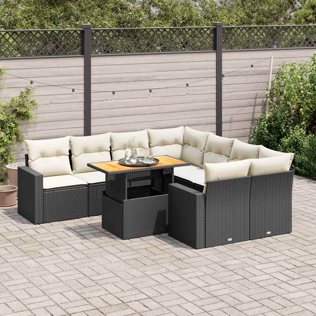 9-delige Loungeset met kussens poly rattan zwart – afbeelding 1