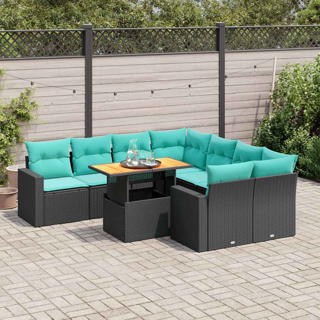 9-delige Loungeset met kussens poly rattan zwart – afbeelding 1