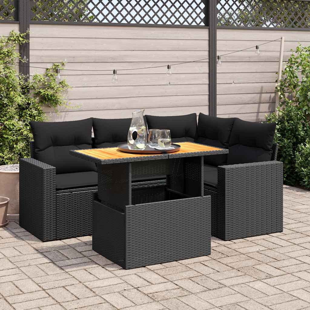5-delige Loungeset met kussens poly rattan zwart – afbeelding 1