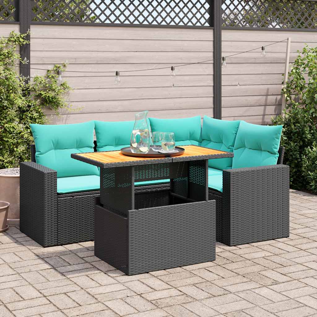 5-delige Loungeset met kussens poly rattan zwart – afbeelding 1