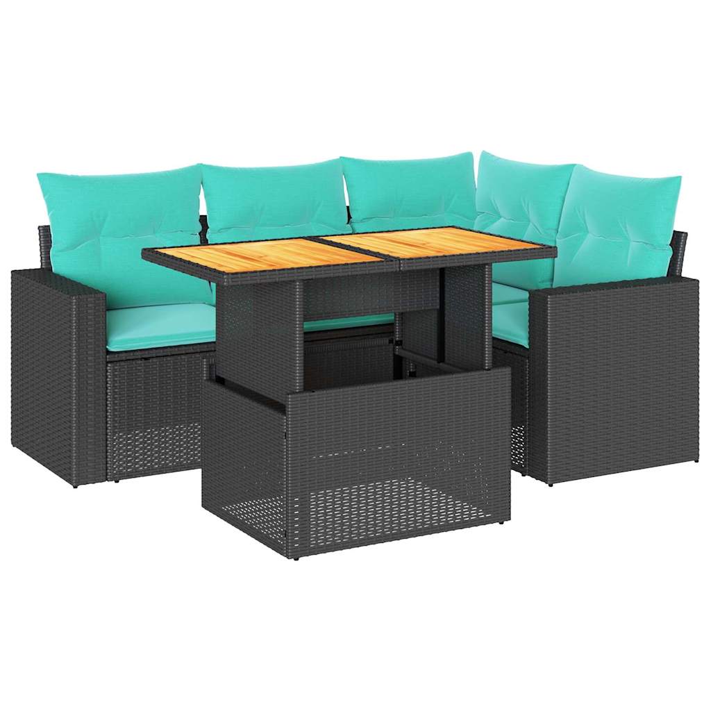 5-delige Loungeset met kussens poly rattan zwart – afbeelding 2