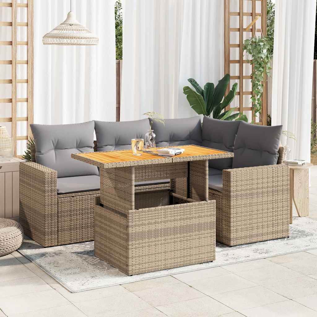 5-delige Loungeset met kussens poly rattan beige – afbeelding 1