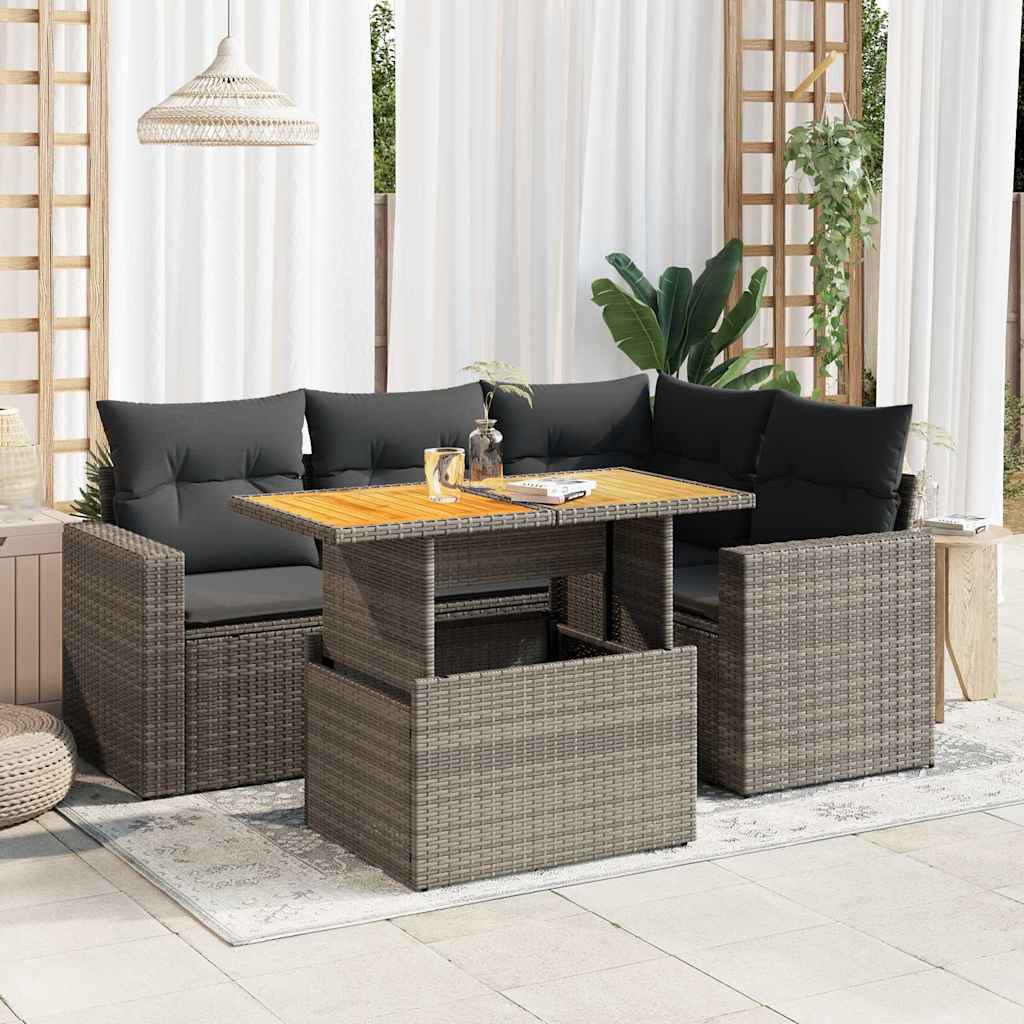5-delige Loungeset met kussens poly rattan grijs – afbeelding 1