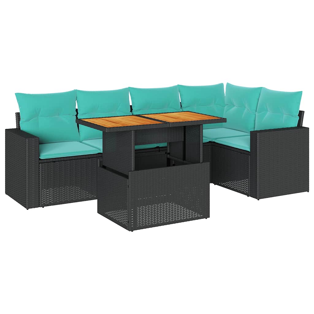 6-delige Loungeset met kussens poly rattan zwart – afbeelding 2