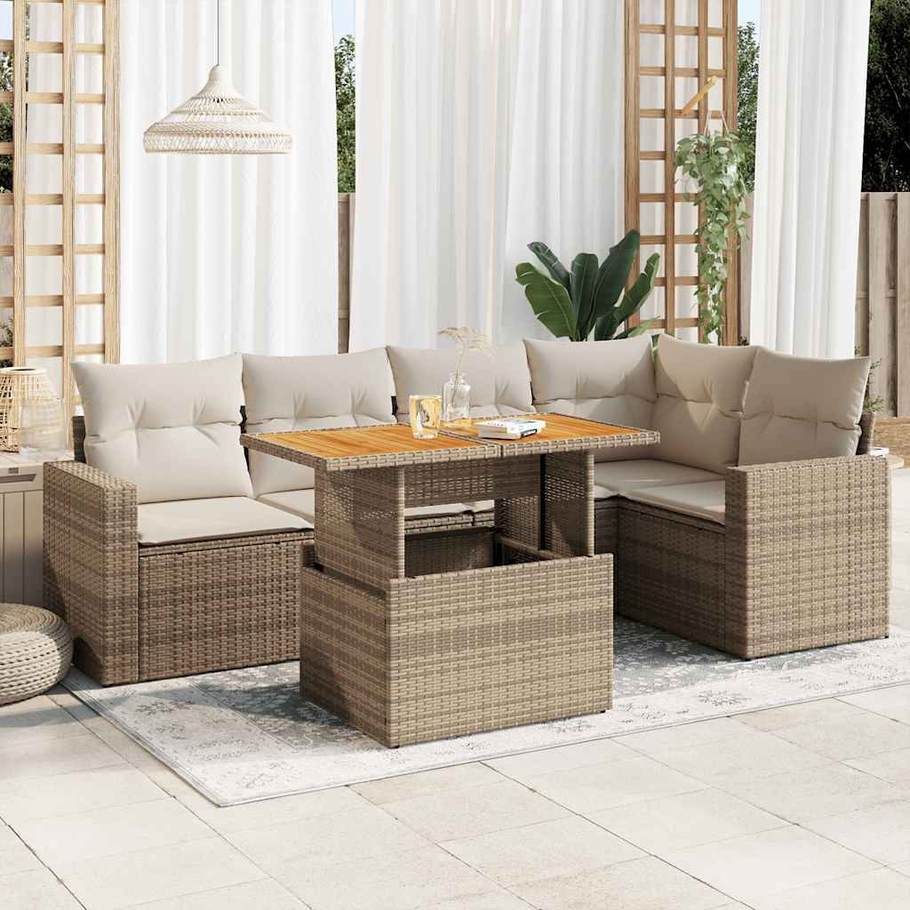 6-delige Loungeset met kussens poly rattan beige – afbeelding 1