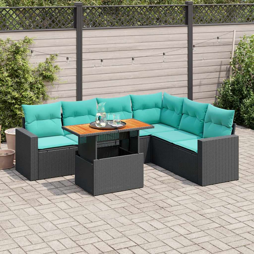 7-delige Loungeset met kussens poly rattan zwart – afbeelding 1