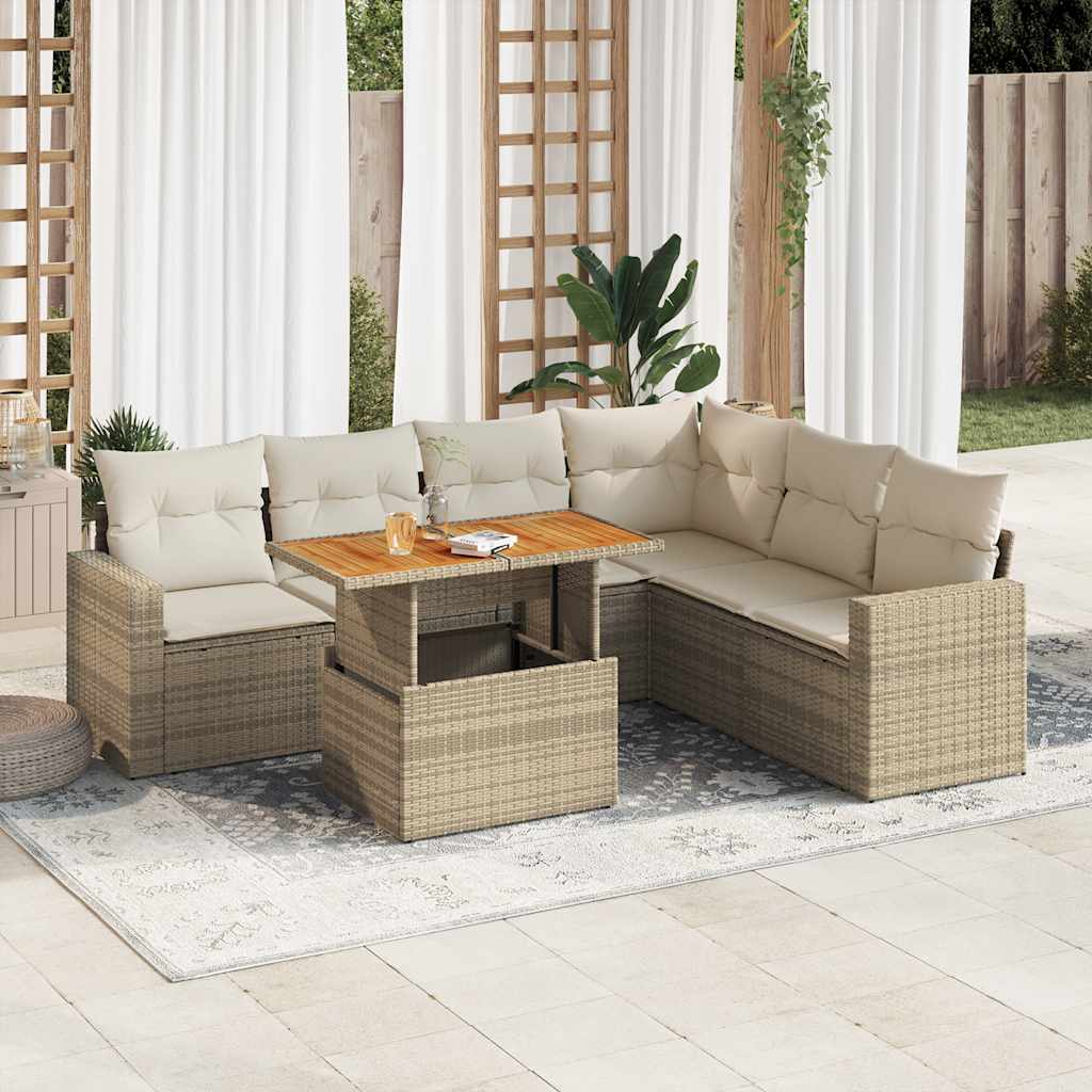 7-delige Loungeset met kussens poly rattan beige – afbeelding 1