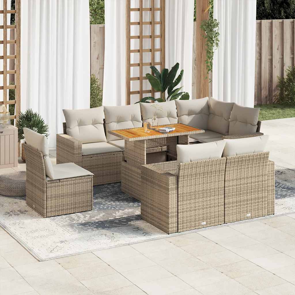 9-delige Loungeset met kussens poly rattan beige – afbeelding 1