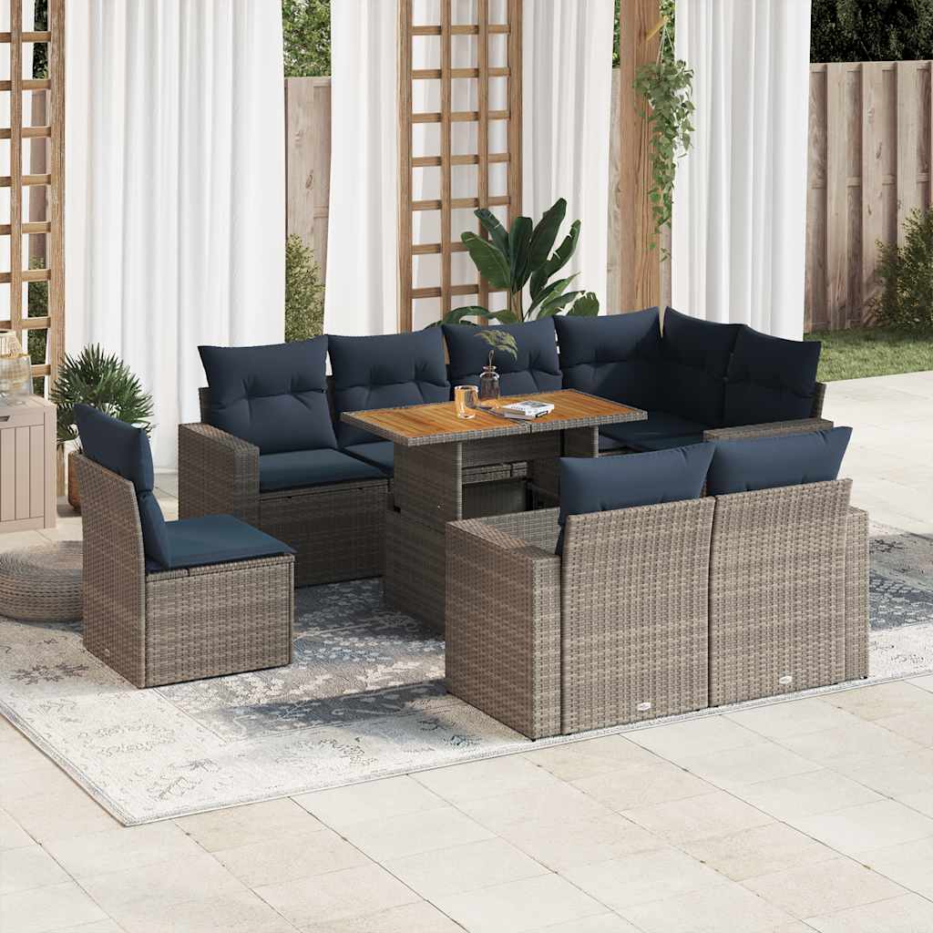 9-delige Loungeset met kussens poly rattan grijs – afbeelding 1