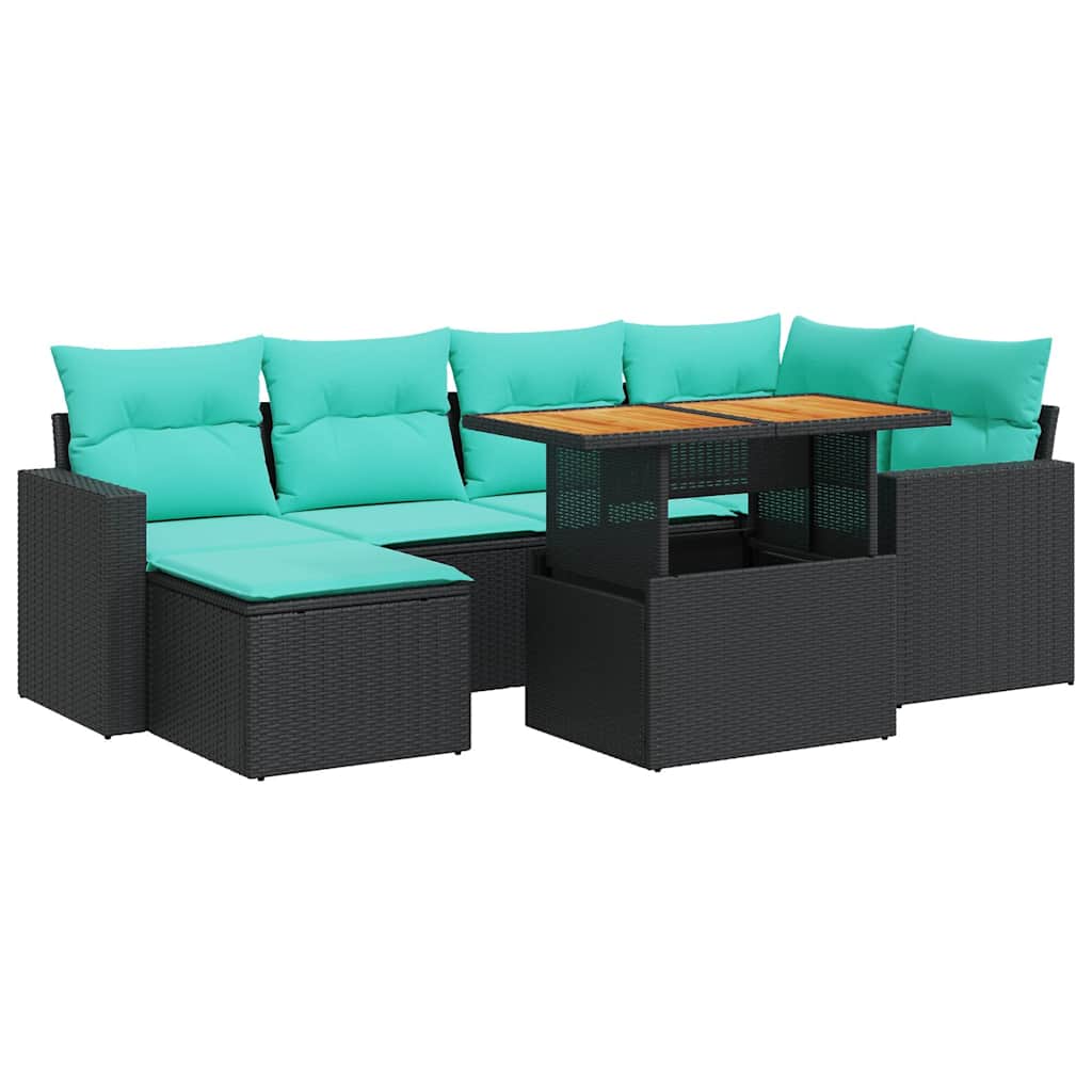 7-delige Loungeset met kussens poly rattan zwart – afbeelding 2
