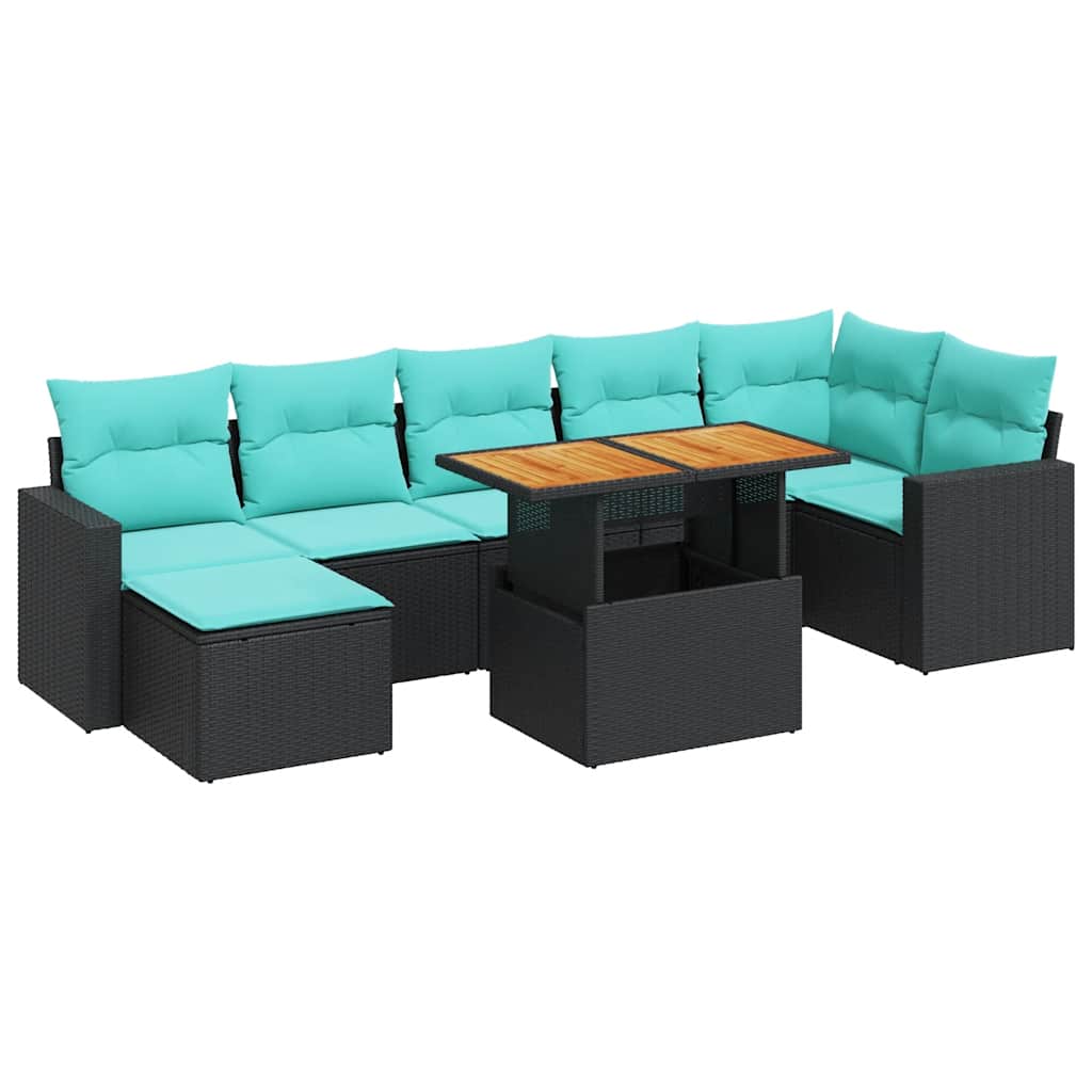 8-delige Loungeset met kussens poly rattan zwart – afbeelding 2