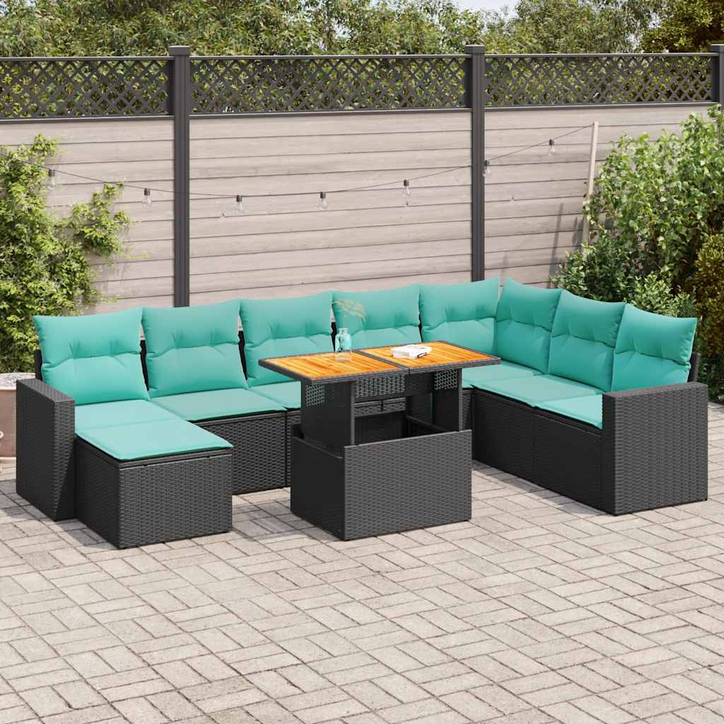 9-delige Loungeset met kussens poly rattan zwart – afbeelding 1