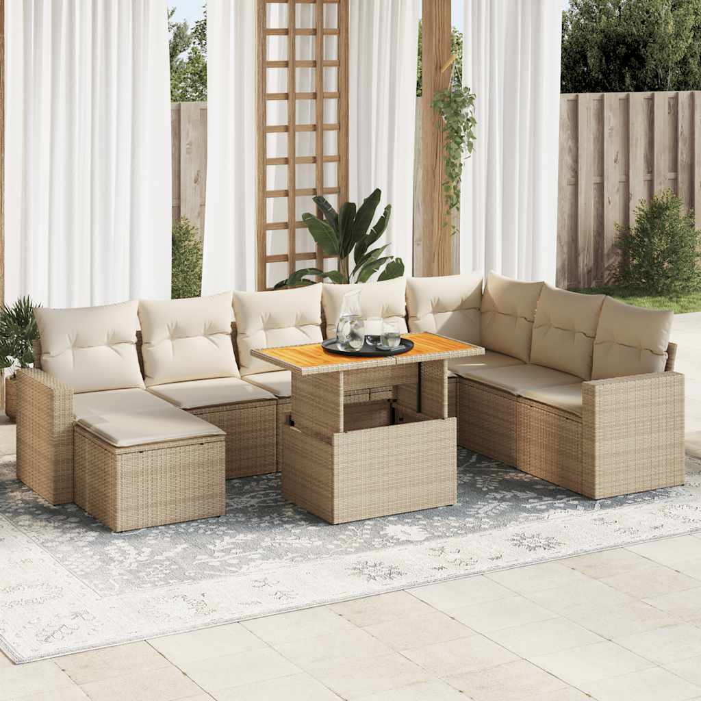 9-delige Loungeset met kussens poly rattan beige – afbeelding 1