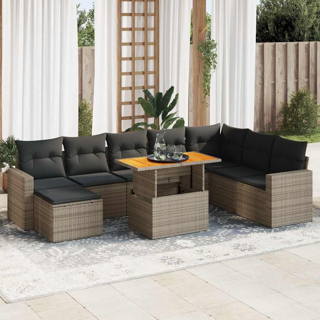 9-delige Loungeset met kussens poly rattan grijs – afbeelding 1