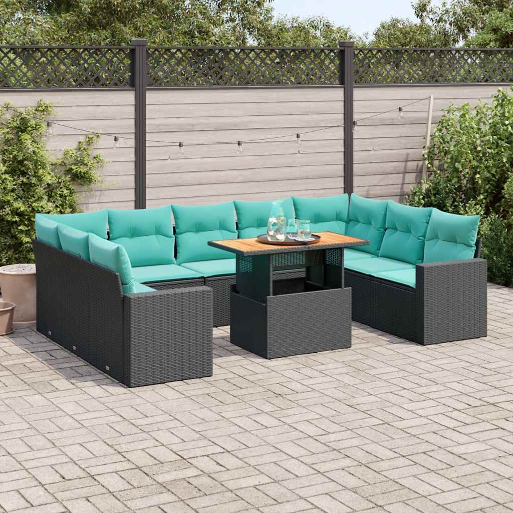 10-delige Loungeset met kussens poly rattan zwart – afbeelding 1