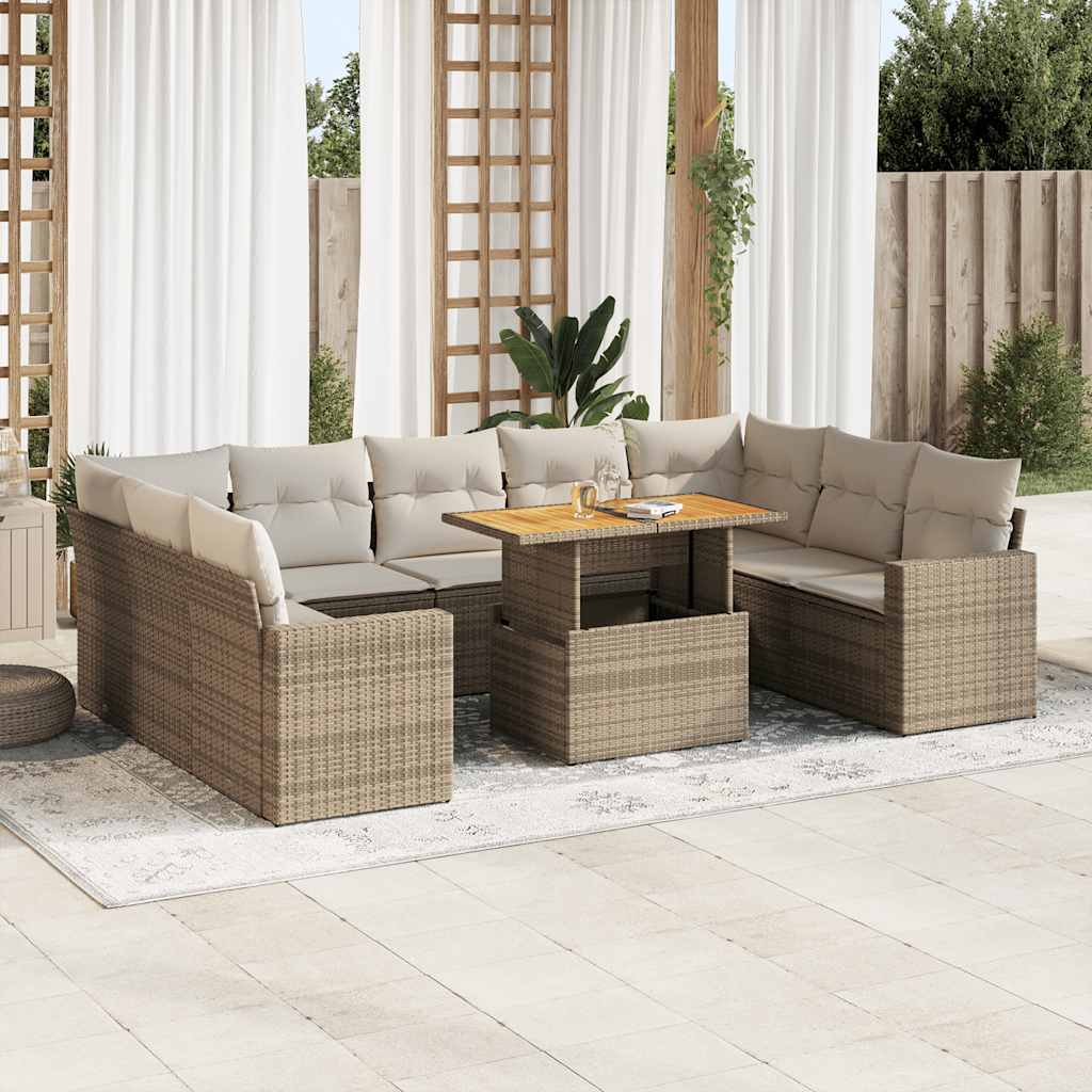 10-delige Loungeset met kussens poly rattan beige – afbeelding 1