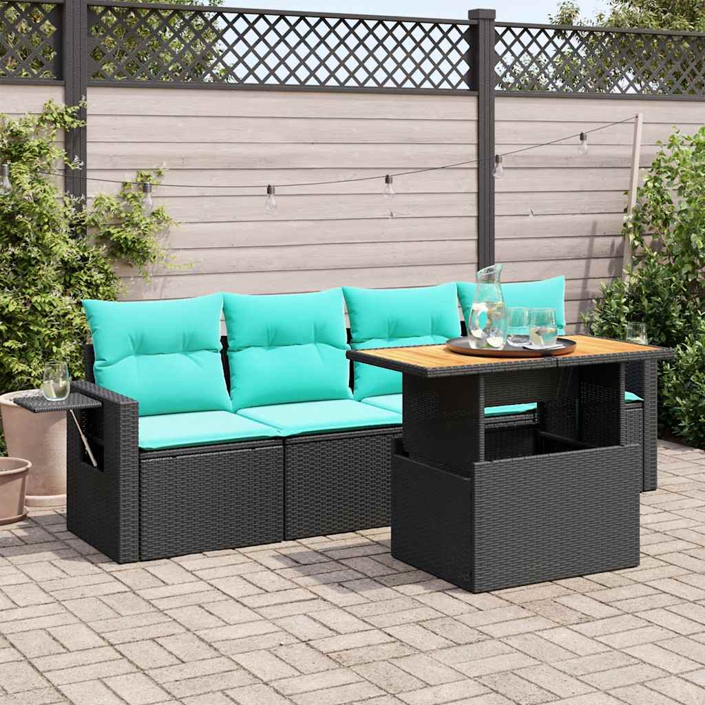 5-delige Loungeset met kussens poly rattan zwart – afbeelding 1