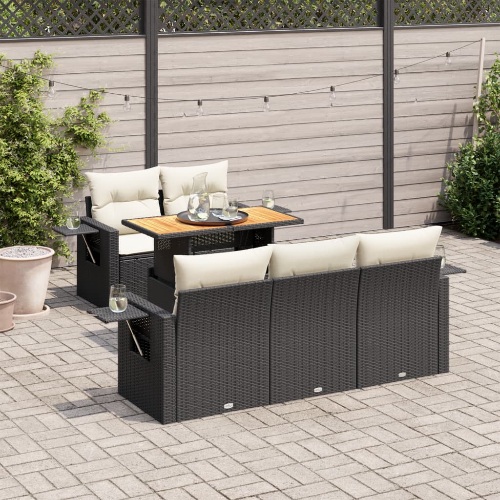 6-delige Loungeset met kussens poly rattan zwart – afbeelding 1