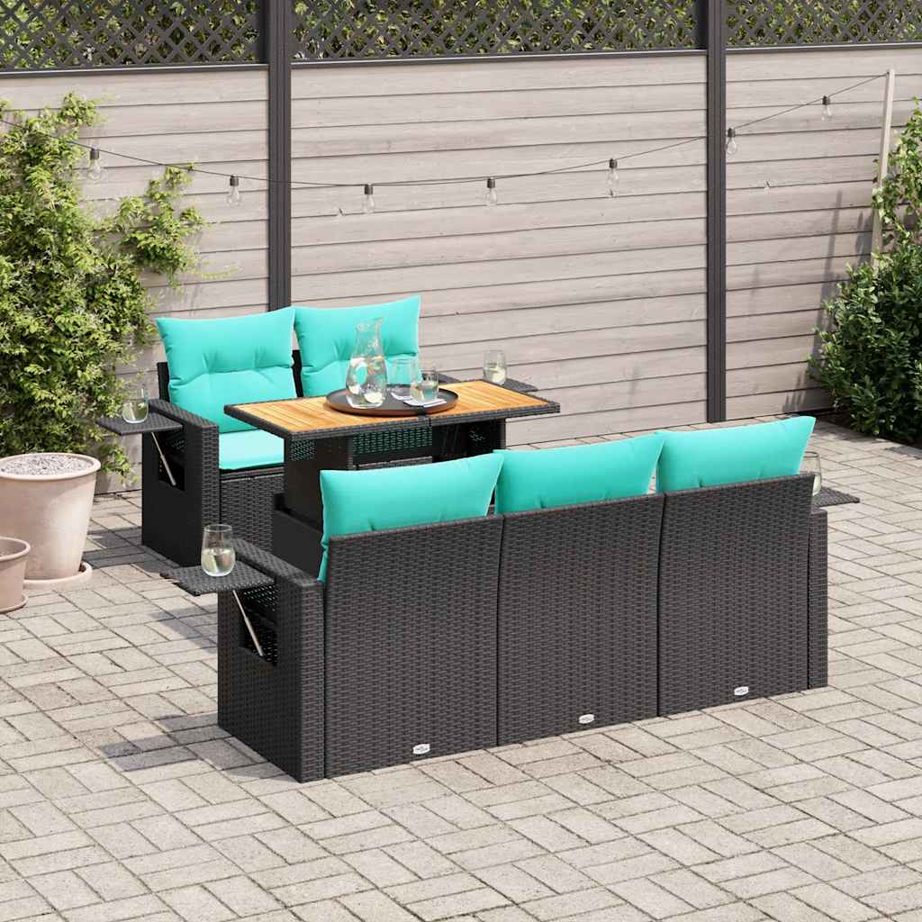 6-delige Loungeset met kussens poly rattan zwart – afbeelding 1