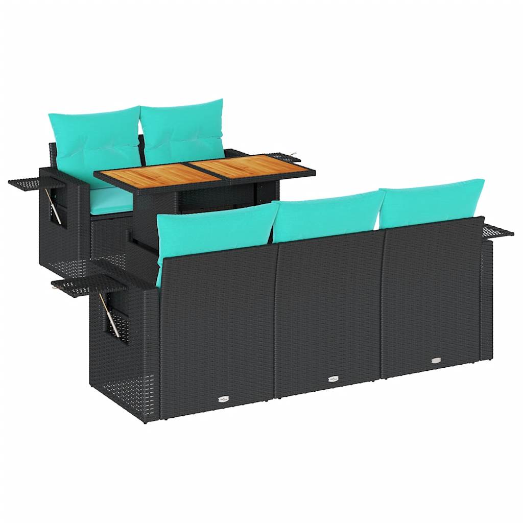 6-delige Loungeset met kussens poly rattan zwart – afbeelding 2