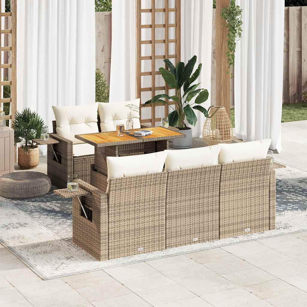 6-delige Loungeset met kussens poly rattan beige – afbeelding 1