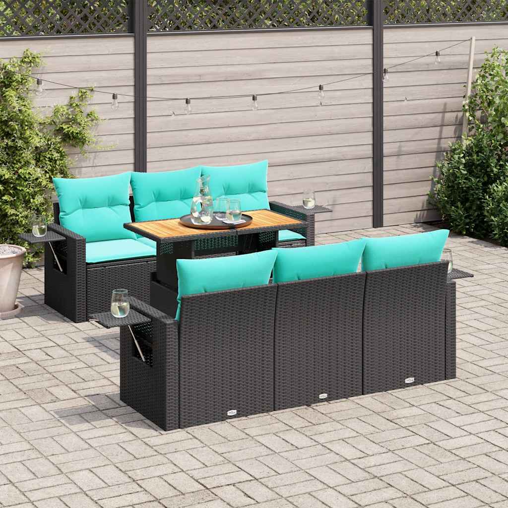 7-delige Loungeset met kussens poly rattan zwart – afbeelding 1