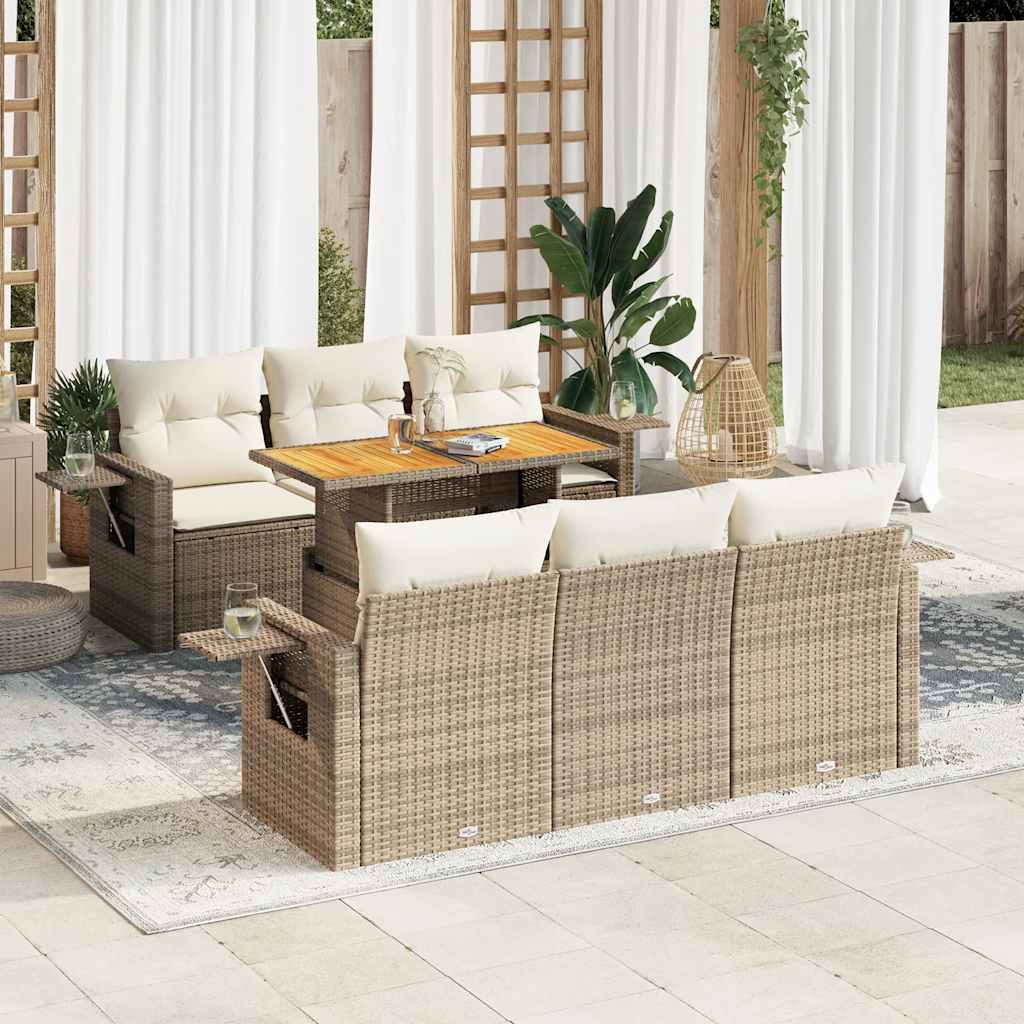 7-delige Loungeset met kussens poly rattan beige – afbeelding 1