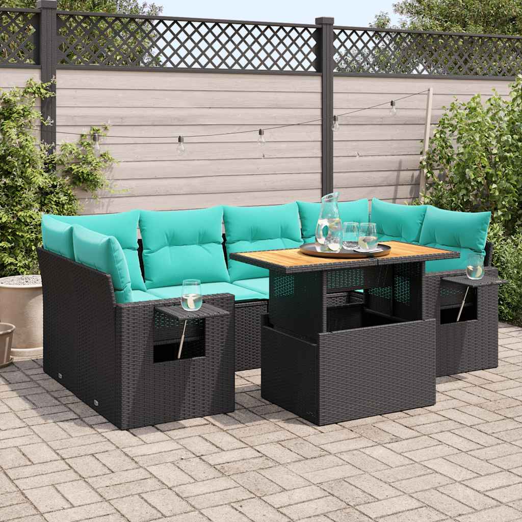 7-delige Loungeset met kussens poly rattan zwart – afbeelding 1