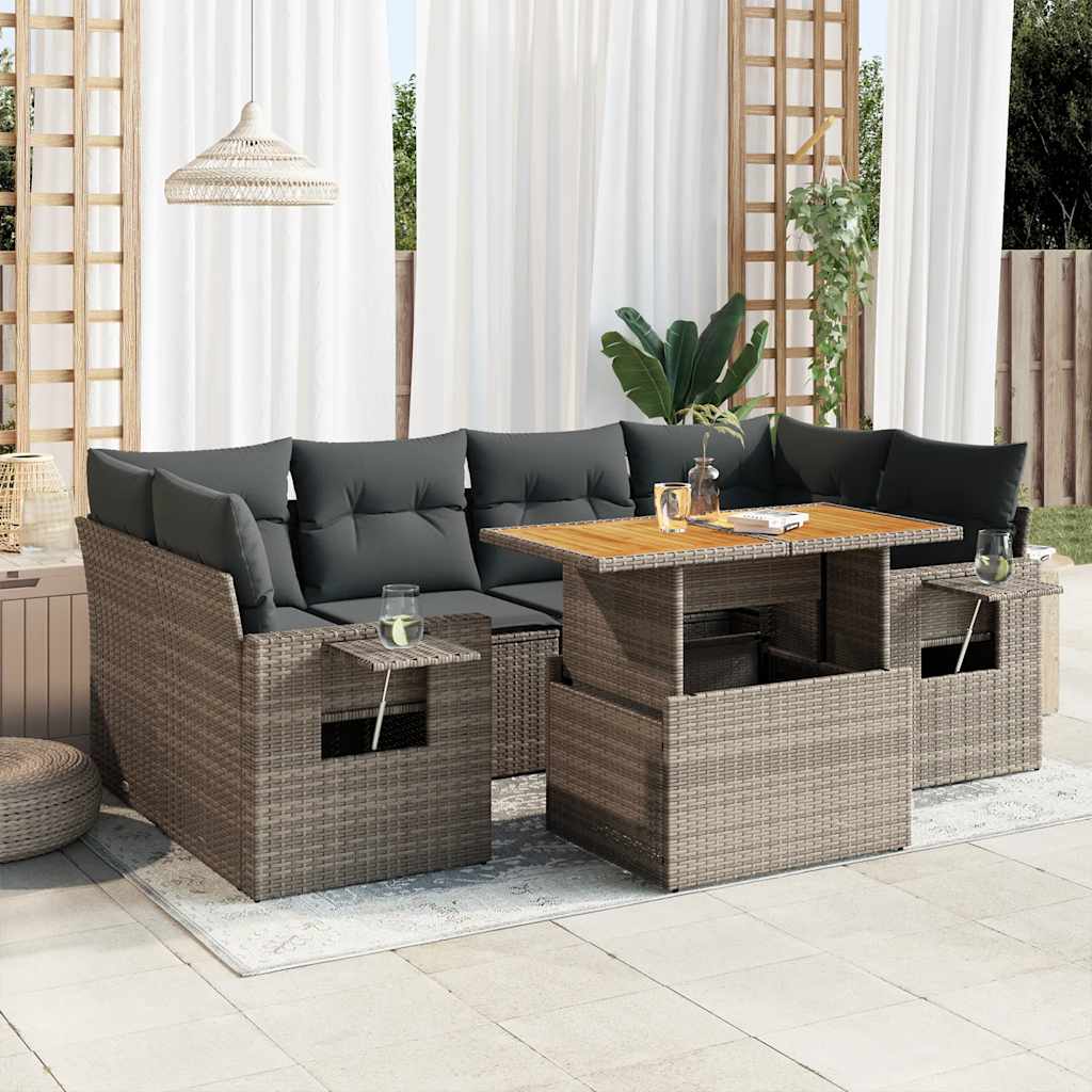 7-delige Loungeset met kussens poly rattan grijs – afbeelding 1