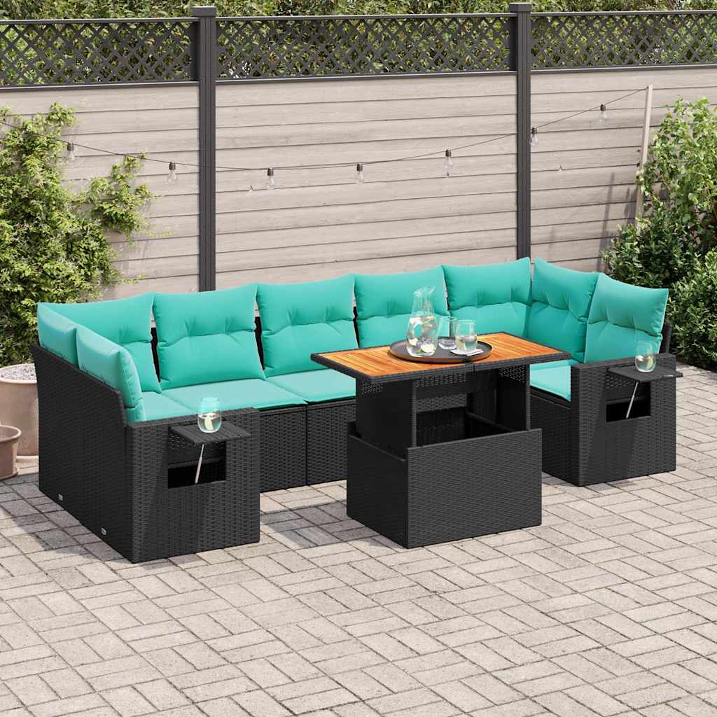 8-delige Loungeset met kussens poly rattan zwart – afbeelding 1