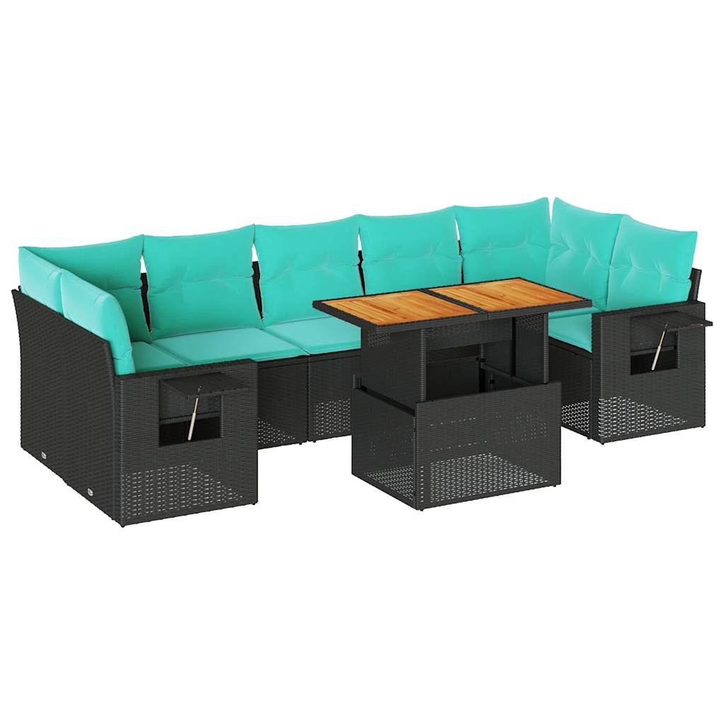 8-delige Loungeset met kussens poly rattan zwart – afbeelding 2