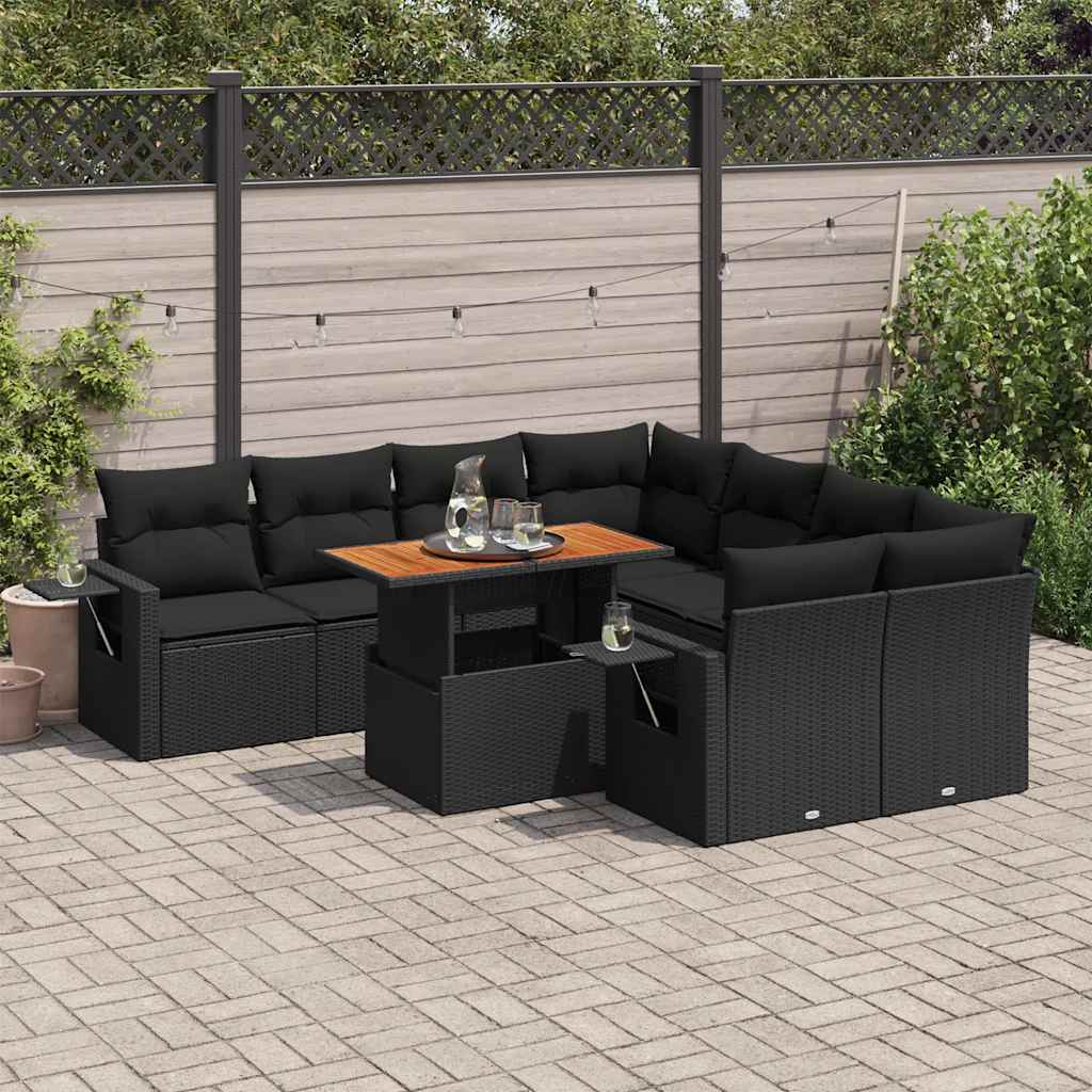 9-delige Loungeset met kussens poly rattan zwart – afbeelding 1