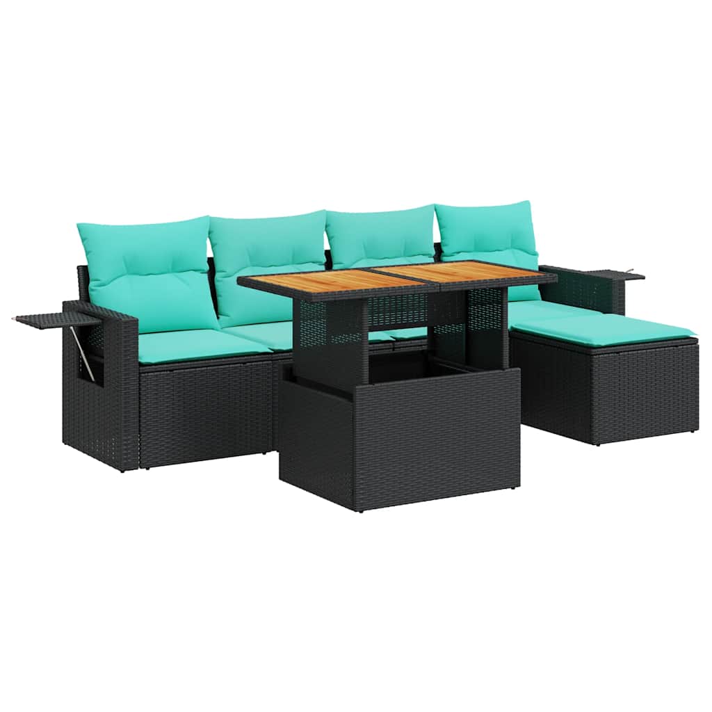 6-delige Loungeset met kussens poly rattan zwart – afbeelding 2