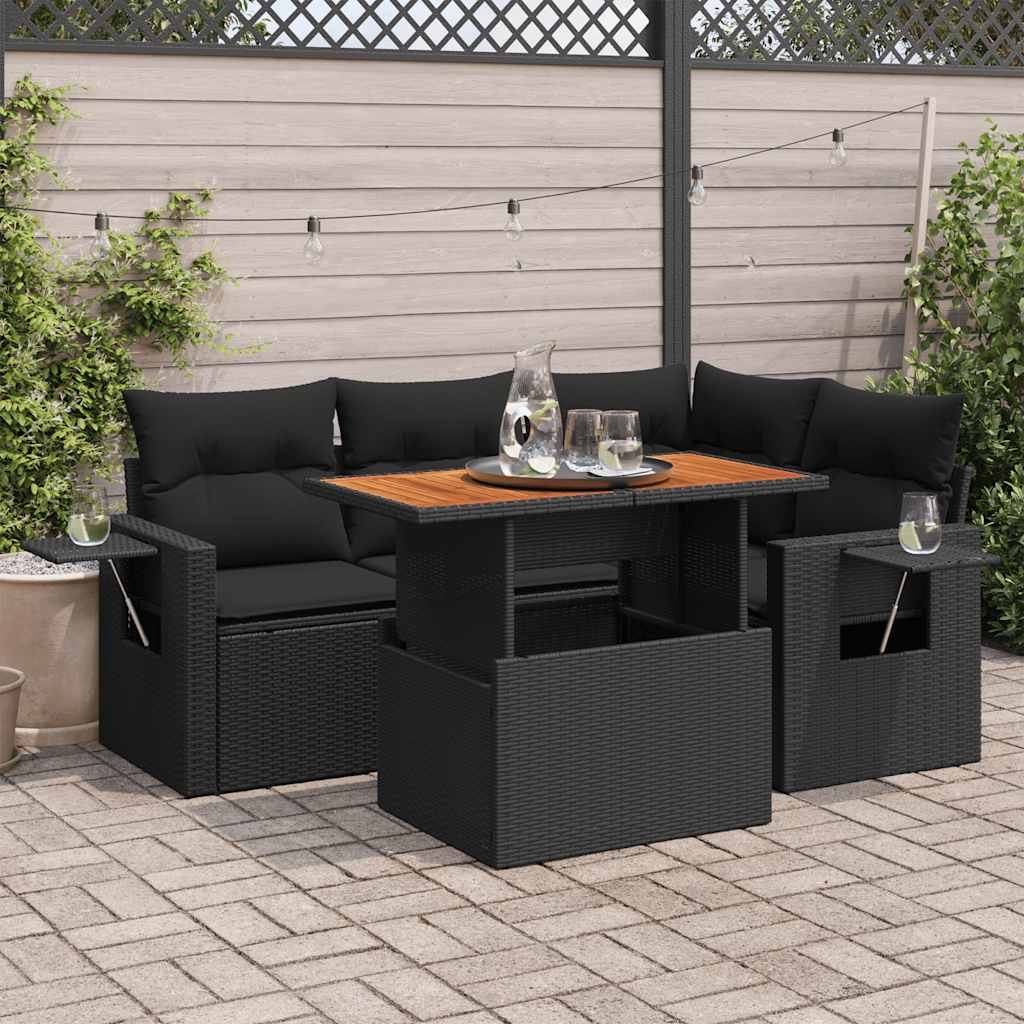 5-delige Loungeset met kussens poly rattan zwart – afbeelding 1