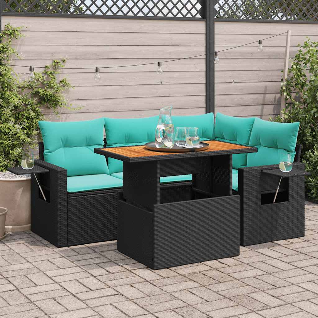 5-delige Loungeset met kussens poly rattan zwart – afbeelding 1